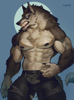 abs anthro bared_teeth bite_mark black_nipples bottomwear brown_body brown_fur claws clothing facial_scar fangs finger_claws fur male male_anthro multicolored_body multicolored_fur muscular muscular_anthro muscular_male navel nipples pants pecs scar solo tan_body tan_fur teeth torn_bottomwear torn_clothing torn_pants white_eyes deaddragonp mythology canid canine mammal mythological_canine mythological_creature werecanid werecanine werecreature werewolf hi_res