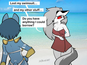 accessory anthro armor bikini breasts cleavage clothed clothing dialogue dialogue_box duo ears_back embarrassed female fur fur_markings greaves hair headband markings pivoted_ears shoulder_guards swimwear tail text towel towel_only two-piece_swimsuit aabramsart hellaverse helluva_boss mythology nintendo star_fox krystal_(star_fox) loona_(helluva_boss) canid canid_demon canine demon fox hellhound mammal mythological_canine mythological_creature english_text