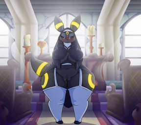 altar anthro anthrofied big_breasts black_body black_fur blush bodily_fluids bottomless breasts church clothed clothing day deep_navel detailed_background eyelashes eyewear female front_view fur garter_straps genital_fluids genitals glasses grey_eyelids huge_hips inside legwear looking_at_viewer markings navel nipple_outline nun nun_outfit one_eye_closed pokemorph red_eyes slightly_chubby solo standing stockings thick_thighs vaginal_fluids vulva wide_hips iguanasarecool nintendo pokemon eeveelution generation_2_pokemon pokemon_(species) umbreon 2023 digital_media_(artwork) hi_res