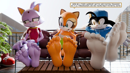 5_toes anthro balcony barefoot big_feet black_body black_fur blue_clothing blue_eyes blue_hat blue_headwear blue_jacket blue_topwear blush clothing crossed_legs curling_toes dialogue embarrassed eyelashes feet female foot_fetish foot_focus foot_on_table forehead_gem fur furniture gem green_clothing green_shirt green_topwear group hat headgear headwear humanoid_feet humiliation jacket male mocking on_sofa orange_body orange_feet outside plant plantigrade purple_body purple_feet purple_fur red_clothing red_shirt red_topwear shirt shoes_removed sitting small_feet sofa table talking_to_viewer text toes topwear trio white_feet wrinkled_feet wrinkles yellow_eyes feetymcfoot bandai_namco klonoa_(series) sega sonic_the_hedgehog_(series) blaze_the_cat klonoa marine_the_raccoon domestic_cat felid feline felis mammal procyonid raccoon absurd_res hi_res