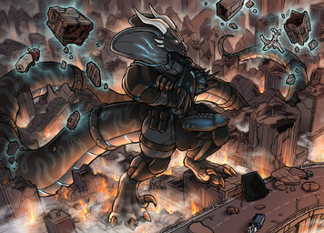abs aircraft airplane anthro balls balls_outline biceps big_tail biped black_body boots bottomwear building building_destruction bulge car city city_background city_crushing city_destruction cityscape claws clothed clothing crush destruction detailed_bulge erection erection_under_bottomwear erection_under_clothing feet finger_claws fingerless_gloves fingers fire footwear forced gear genital_outline genitals gloves glowing glowing_eyes glowing_genitalia glowing_penis handwear house jet long_tail macro macro_anthro macro_male male muscular muscular_anthro muscular_male outside paws pecs penile penis penis_outline rampage shoes snake_hood solo stomping tail teeth telekinesis toe_claws toes topwear vehicle vehicle_destruction nairim kai'nek_(pyronite) cobra reptile scalie snake hi_res