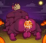 anthro anus balls big_balls big_penis bodily_fluids butt clenched_teeth cum cum_drip cum_in_ass cum_inside dripping fangs flaccid foreskin fur genital_fluids genitals humanoid_genitalia humanoid_penis jack-o'-lantern male multicolored_body multicolored_fur mummy_wrappings muscle_tone muscular muscular_anthro muscular_male no_pupils object_in_ass outdoor_nudity penis perineum purple_body purple_fur solo teeth two_tone_body two_tone_fur wide_eyed hotdogsauau bear mammal hi_res