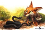 anthro cloak clothing duo feral fur green_eyes looking_at_another lying orange_body orange_fur smile kenket tangletorn trell canid canine fox mammal reptile scalie snake 2019 digital_media_(artwork) nonbinary_(lore)