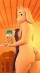 anthro apron apron_only beverage_carton breasts butt carton clothing container cookie eyelashes female food holding_object holding_tray horn looking_back milk_carton milk_container mostly_nude plate red_eyes smile solo teeth text tray owo_sfm undertale undertale_(series) toriel boss_monster_(undertale) bovid caprine mammal 3d_(artwork) absurd_res digital_media_(artwork) english_text hi_res