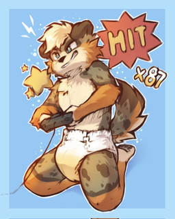 ambiguous_gender anthro black_nose blonde_hair blue_background blue_border bodily_fluids border brown_ears clenched_teeth clothed clothing controller diaper diaper_only floppy_ears fur game_controller gaming genital_fluids hair holding_controller holding_game_controller holding_object kneeling leaning markings multicolored_body multicolored_fur number simple_background solo spots spotted_body spotted_fur teeth text three-quarter_view topless unclean_diaper urine used_diaper wearing_diaper wet_diaper white_diaper neemitenaide casper_(cookiebandit) canid canine canis domestic_dog mammal english_text full-length_portrait hi_res portrait