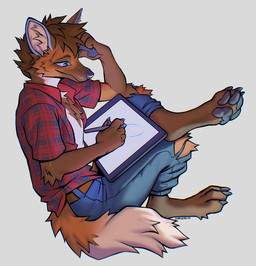 anthro biped bottomwear claws clothed clothed_anthro clothed_male clothing feet fingers fully_clothed fully_clothed_anthro fully_clothed_male fur hair male pants piercing shirt simple_background sitting smile solo tail toes topwear kero_tzuki canid canine mammal maned_wolf 2026 digital_drawing_(artwork) digital_media_(artwork) hi_res