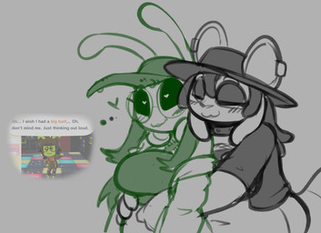 antennae_(anatomy) anthro anthro_on_anthro baseball_cap big_breasts blush breasts clothing collar crop_top duo ear_piercing eyelashes eyes_closed eyewear fedora female female/female glasses hat headgear headwear heart_eyes heart_symbol hug hugging_another hugging_from_behind midriff open_mouth overweight overweight_anthro overweight_female piercing shirt smile spiked_collar spikes topwear felino tomodachi_life dj_ampie_(felino) wicked_(tricktrashing) alien mammal murid murine rat rodent 2026 restricted_palette sketch