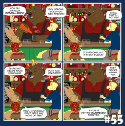 alcohol anthro bar bar_stool beverage drinking furniture group humor male scar sitting standing stool text trio ariesartist bear bird_dog brown_bear canid canine canis domestic_dog fennec_fox fox hunting_dog labrador mammal retriever true_fox ursine absurd_res alpha_channel comic english_text hi_res