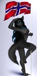 5_fingers anthro areola biped black_hair black_nose blue_eyes breasts digitigrade eyebrows eyelashes female fingers flag fur gesture grey_body grey_fur hair nipples norway nude one_leg_up raised_leg salute simple_background solo standing angiewolf canid canine canis mammal wolf 2016 digital_media_(artwork) shaded