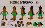 anthro bottomwear brown_body brown_fur brown_hair clothing female fur green_bottomwear green_clothing green_skirt hair mohawk skirt solo text turnaround lendri_mujina amialido_amdodo_(copyright) shielle_spineback mammal porcupine rodent 2024 english_text hi_res model_sheet