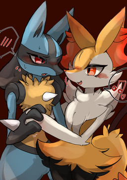 3_fingers 3_toes ambiguous_gender anthro arm_tuft black_body black_fur blue_body blush blush_lines bodily_fluids cheek_tuft chest_tuft cute_fangs dancing dipstick_tail duo eye_contact facial_tuft fangs feet fingers fur hand_holding inner_ear_fluff looking_at_another markings orange_body orange_eyes orange_fur orange_nose red_eyes semi-anthro shoulder_tuft simple_background spikes spikes_(anatomy) stick sweat sweatdrop tail tail_markings teeth toes tuft white_body white_fur yellow_body izon448 nintendo pokemon braixen canid canine fox generation_4_pokemon generation_6_pokemon lucario mammal pokemon_(species) absurd_res hi_res