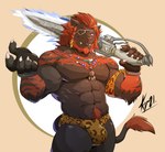 abs anthro beard biceps brown_body brown_fur bulge claws clothed clothing eye_patch eyewear facial_hair fangs finger_claws fur gunblade hair holding_object holding_weapon jewelry looking_at_viewer male multicolored_body multicolored_fur muscular muscular_anthro muscular_male necklace orange_body orange_fur orange_hair pecs pose pubes quads red_eyes scar sharp_teeth skimpy solo speedo standing swimwear teeth triceps two_tone_body two_tone_fur weapon weapon_on_shoulder lofnirv final_fantasy final_fantasy_xiv square_enix felid hrothgar mammal 2021 hi_res pinup portrait three-quarter_portrait