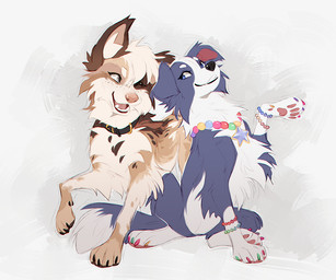 bangs black_claws black_collar black_nose black_pawpads blonde_hair blue_body blue_eyes blue_fur bracelet brown_body brown_fur cheek_tuft claws collar collar_only colored_nails dipstick_tail duo eye_contact facial_tuft female feral feral_with_hair floppy_ears fur hair inner_ear_fluff jewelry looking_at_another markings nails nude one_eye_closed open_mouth pawpads pink_nose pink_pawpads pink_tongue short_hair simple_background sitting smile smiling_at_another standing tail tail_markings tan_body tan_fur tongue tuft white_body white_fur azzai border_collie canid canine canis collie domestic_dog herding_dog mammal pastoral_dog sheepdog 2025 6:5 colored colored_sketch digital_drawing_(artwork) digital_media_(artwork) flat_colors sketch