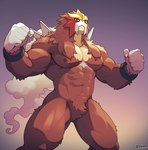 anthro barazoku big_muscles big_pecs brown_body brown_fur cuffs_(clothing) entei featureless_crotch fur generation_2_pokemon hi_res legendary_pokemon looking_at_viewer male muscular muscular_male nintendo nipples nude pecs pokemon pokemon_(species) red_eyes simple_background solo voviat