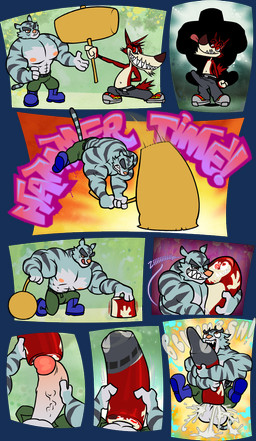 abs anthro anthro_on_anthro anthro_penetrated anthro_penetrating anthro_penetrating_anthro balls belt biceps big_balls big_muscles big_nose big_penis black_body black_fur black_stripes bodily_fluids boots bottomwear bulge clothed clothing comic_panel comically_large_object cum cum_inside cum_on_face cum_splatter deltoids dominant duo eager ejaculation erection eye_roll eyebrows fangs flattened footwear fur genital_fluids genitals glans grey_body grey_fur grin hammer heart_eyes heart_symbol humanoid_genitalia humanoid_penis humor kneeling larger_dom larger_male living_condom looking_at_another looking_at_partner looking_pleasured male male/male male_penetrated male_penetrating male_penetrating_male midair mischievous_smile muscular muscular_anthro muscular_arms muscular_male muscular_top nipples onomatopoeia oral oral_penetration orange_eyes orgasm pants pecs penetration penis penis_grab red_body red_eyes red_fur sex sharp_teeth shoes size_difference smaller_male smile sound_effects squish striped_body striped_fur stripes tan_body tan_fur teeth text thick_eyebrows tongue tongue_out tools toony topless transformation triceps underbite unzipping vein veiny_penis white_body white_fur wristband rubberskunktoo atlus go!_go!_hypergrind sega decker vert_(go!_go!_hypergrind) canid canine canis felid mammal pantherine tiger wolf 2026 alpha_channel comic