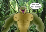 abs anthro big_pecs forest green_body jungle male muscular muscular_anthro muscular_male nipples non-mammal_nipples nude pecs photo_background plant solo text tree sybervenn crocodilian reptile scalie absurd_res digital_media_(artwork) english_text hi_res photography_(artwork)