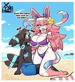 accessory anthro anthro_on_anthro bangs beach beach_towel big_breasts bikini blue_eyes blush blush_stickers bow_ribbon breasts chest_tuft clothing curvy_figure duo excited eyewear facial_tuft female flower flower_in_hair glasses hair hair_accessory long_hair male male/female markings motion_lines pink_hair plant ring_(marking) sky swimming_trunks swimwear tail tail_motion tailwag teasing towel tuft two-piece_swimsuit water shiyaa_stuff xiya21 nintendo pokemon gil_(lazegil) summer_(oreon_smol) eeveelution generation_2_pokemon generation_6_pokemon pokemon_(species) shiny_pokemon sylveon umbreon absurd_res hi_res