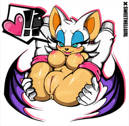 anthro anus areola bedroom_eyes big_breasts blush breasts clothing erect_nipples female flexible genitals half-closed_eyes heart_symbol interrobang inviting mostly_nude narrowed_eyes naughty_face navel nipples nude seductive simple_background smile solo spread_legs spreading vulva wings batterritory sweethellgirl sega sonic_the_hedgehog_(series) rouge_the_bat bat mammal digital_media_(artwork)