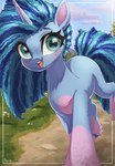 blue_body blue_eyes blue_fur blue_hair cornrows curly_hair female feral freckles fur hair hooves horn open_mouth open_smile pink_body pink_fur smile solo tail puyohh hasbro mlp_g5 my_little_pony mythology misty_brightdawn_(mlp) equid equine mammal mythological_creature mythological_equine unicorn hi_res