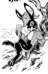 alcohol ambiguous_gender beverage bottomless clothed clothing hare hat headgear headwear holding_glass holding_object joe_rosales lagomorph leporid mammal monochrome pooka semi-anthro solo