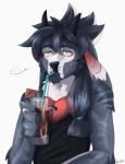 anthro beverage clothed clothing crossdressing ellipsis fur hair looking_at_viewer male solo dawnav mlarty canid canine ligerbull_(species) mammal hi_res