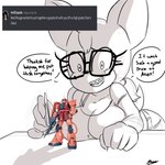 anthro big_breasts braces breasts cleavage clothed clothing eyewear female glasses looking_at_viewer nerd solo speech_bubble tail text toy_robot inuyuru gundam sega sonic_the_hedgehog_(series) rouge_the_bat bat mammal 1:1 absurd_res english_text hi_res sketch