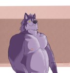 anthro belly big_biceps canine_teeth hair looking_at_viewer male musclegut muscular smile solo standing amarox amarox_(character) canid canine canis mammal wolf digital_drawing_(artwork) digital_media_(artwork) hi_res sketch