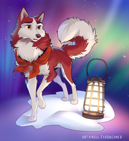 clothed clothed_feral clothing female feral flashlight fur kerchief multicolored_body multicolored_fur neckerchief neckwear orange_eyes red_body red_fur red_tail snow solo tail white_body white_fur white_tail winter koul balto_(series) universal_studios jenna_(balto) canid canine canis domestic_dog husky mammal nordic_sled_dog siberian_husky spitz 2025