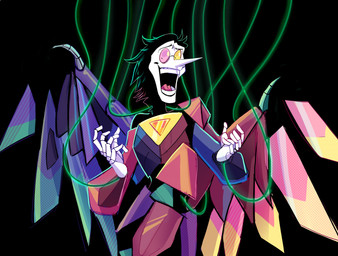 armor black_background black_hair hair heterochromia long_nose male open_mouth puppet puppet_strings simple_background solo string teeth tongue trapped white_body white_skin wings wire brightgoat deltarune undertale_(series) spamton_g._spamton spamton_neo darkner humanoid hi_res