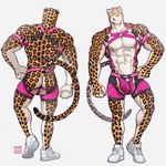 abs anthro balls_outline bulge butt clothed clothing detailed_bulge digital_media_(artwork) felid footwear front_and_back genital_outline genitals harness hi_res jockstrap johnathan_fretchman leopard male mammal maririn muscular muscular_anthro muscular_male nipples pantherine penis_outline pinup pose shoes simple_background smile solo standing tail tongue tongue_out underwear