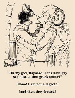 anthro black_body black_fur bottomwear building clothed clothed_anthro clothed_male clothing dialogue duo ears_up eyes_closed french_kissing fur horn kissing male male/male no_homo pants sculpture shirt slur tail text topwear wool_(fur) fanteliscio reynard_the_baa bovid canid canine canis caprine mammal sheep wolf english_text hi_res
