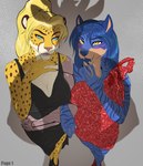 absurd_res anthro blush canid canine cheetah clothed clothing dress duo english_text felid feline female first_person_view fox hi_res hybrid kat_phoenix magayser mammal pantherine prosthetic prosthetic_limb shadow sydea text tiger