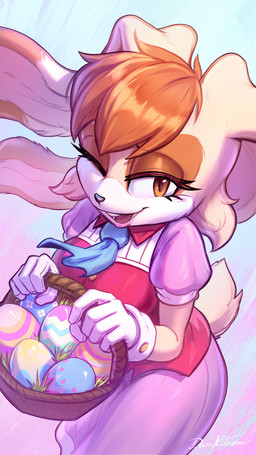 5_fingers anthro basket black_nose clothed clothed_anthro clothed_female clothing container dipstick_ears ear_markings easter_egg eyelashes female female_anthro fingers floppy_ears gloves hair handwear holding_basket holding_container holding_object holidays looking_at_viewer lop_ears mature_anthro mature_female multicolored_ears one_eye_closed open_mouth orange_hair scut_tail short_tail solo tail white_clothing white_gloves white_handwear dankitsune easter sega sonic_the_hedgehog_(series) vanilla_the_rabbit lagomorph leporid mammal rabbit 2026 signature