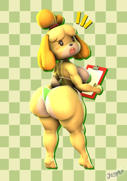 anthro barefoot big_breasts big_butt bikini biped breasts butt checkered checkered_background clothed clothed_anthro clothed_female clothing feet female female_anthro green_bikini green_clothing green_swimwear huge_breasts huge_butt looking_at_viewer looking_back looking_back_at_viewer muscular muscular_thighs pattern_background plantigrade pose simple_background solo standing string_bikini surprised swimwear text three-quarter_view two-piece_swimsuit imdajasperbaby animal_crossing nintendo isabelle_(animal_crossing) canid canine canis domestic_dog mammal 2024 3d_(artwork) absurd_res digital_media_(artwork) english_text full-length_portrait handwritten_text hi_res portrait shaded signature soft_shading
