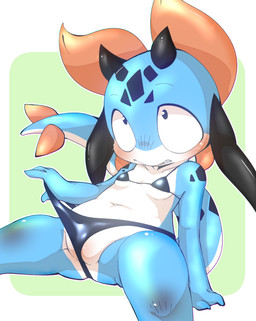 anthro bikini bikini_pull blue_body blush breasts clothing clothing_pull countershading female head_markings horn loli looking_at_viewer markings navel simple_background sitting skimpy_bikini small_breasts solo spread_legs spreading swimwear swimwear_pull tail two-piece_swimsuit young young_anthro young_female doneru mythology neneruko_(doneru) dragon mythological_creature mythological_scalie scalie hi_res