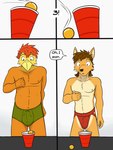 anthro avian beer_pong bird briefs briefs_only bulge canid canine canis chicken clothed clothing comic coyote detailed_bulge dialogue duo english_text fuze galliform gallus_(genus) genital_outline hi_res jockstrap jockstrap_only johnny_(texnatsu) male mammal mond_reyes nipples penis_outline phasianid solo_cup strip_game texnatsu text topless underwear underwear_only