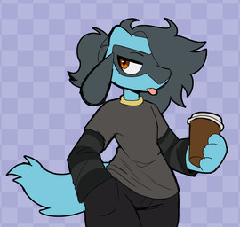 anthro black_body black_bottomwear black_clothing black_fur black_hair black_long_sleeved_shirt black_pants blep blue_body blue_fur bottomwear checkered checkered_background clothing coffee_cup container cup facial_markings fluffy fluffy_hair fur grey_clothing grey_shirt grey_t-shirt grey_topwear hair hair_over_eye hand_in_pocket head_markings holding_coffee_cup holding_container holding_cup holding_object humanoid_hands long_sleeve_shirt male markings mask_(marking) orange_eyes pants pattern_background pattern_clothing pattern_shirt pattern_topwear pink_tongue pockets purple_background shirt simple_background solo striped_clothing striped_shirt striped_topwear stripes t-shirt tail tied_hair tongue tongue_out topwear somesacredbird nintendo pokemon fan_character riolu_(somesacredbird) generation_4_pokemon pokemon_(species) riolu 2025 digital_drawing_(artwork) digital_media_(artwork) english_description