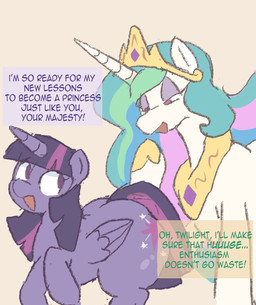 crown dialogue duo eyeshadow female feral headgear horn makeup regalia simple_background text wings milkypuff friendship_is_magic hasbro my_little_pony mythology princess_celestia_(mlp) twilight_sparkle_(mlp) equid equine mammal mythological_creature mythological_equine winged_unicorn english_text hi_res