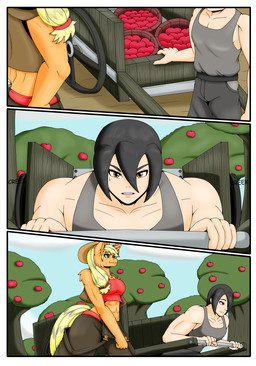 anthro big_breasts blonde_hair border breasts clothed clothing duo female fur green_eyes hair hat headgear headwear male male/female tail text white_border zeroviks friendship_is_magic hasbro my_little_pony mythology applejack_(mlp) earth_pony equid equine horse human mammal mythological_creature mythological_equine pony absurd_res comic digital_media_(artwork) english_text hi_res