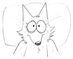 anthro bloodshot_eyes female insomnia looking_at_viewer lying pillow solo twistcmyk canid canine fox mammal 2022 hi_res monochrome