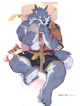 4_toes ambiguous_gender anthro arm_scar asian_clothing barefoot bell biped black_bottomwear black_claws black_clothing black_eyes black_shorts black_stripes black_topwear blep blue_body blue_countershading blue_fur blue_inner_ear_fluff bluesky_logo bottomwear brown_wraps cat_toy claws clothed clothed_anthro clothed_male clothing countershade_arms countershade_face countershade_feet countershade_fur countershade_hands countershade_legs countershade_neck countershade_torso countershading dipstick_tail duo east_asian_clothing eyebrows eyes_closed facebook_logo facial_markings feet feral fluffy fluffy_tail front_view fully_clothed fully_clothed_anthro fully_clothed_male fur haori head_markings holding_object holding_toy inner_ear_fluff instagram_logo japanese_clothing jingle_bell leaning_on_object looking_at_object male markings motion_lines mouth_closed multicolored_body multicolored_bottomwear multicolored_clothing multicolored_fur multicolored_shorts multicolored_topwear muscular muscular_anthro muscular_male orange_body orange_clothing orange_fur orange_inner_ear_fluff orange_topwear plantigrade pupils red_inner_ear red_scar scar shorts simple_background sitting sleeping snout sound_effects sparkles sparkling_eyes star_pupils striped_arms striped_body striped_ears striped_face striped_markings striped_tail stripes tail tail_markings tail_motion tailwag tan_background tan_body tan_clothing tan_fur tan_inner_ear_fluff tan_pupils tan_topwear text toe_claws toes tongue tongue_out tooth_bracelet topwear toy tuft twitter_logo two_tone_body two_tone_bottomwear two_tone_clothing two_tone_fur two_tone_shorts vowelless vowelless_sound_effect white_background white_body white_fur wraps wrist_wraps yellow_bottomwear yellow_clothing yellow_sclera yellow_shorts zzz kuromonsart bluesky_(social_media) facebook instagram twitter canid domestic_cat felid feline felis mammal 2024 3:4 absurd_res artist_name colored dated digital_drawing_(artwork) digital_media_(artwork) english_text full-length_portrait hi_res portrait
