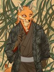 anthro asian_clothing cigarette cigarette_in_mouth cigarette_smoke clothed clothing east_asian_clothing handpads japanese_clothing kimono logo looking_away male obi object_in_mouth pattern_background pawpads plant raised_arm raised_hand simple_background smile smoke smoking smoking_cigarette solo text yen_rin canid canine fox mammal artist_logo artist_name hi_res japanese_text signature