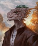 anthro brown_clothing brown_jacket brown_topwear cheek_spikes chin_spikes clothed clothing cloud facial_spikes green_eyes grey_body grey_horn horn jacket male mouth_closed outside plant sky solo spikes spikes_(anatomy) topwear tree white_clothing white_topwear marie_merkh microsoft the_elder_scrolls argonian scalie 5:6 absurd_res artist_name bust_portrait hi_res portrait signature