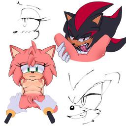 antenna_hair anthro areola black_body black_nose blush blush_lines bodily_fluids breasts ceiling_lamp clitoral_hood clitoris countershade_torso countershading cunnilingus duo eyelashes female genitals green_eyes hair head_spines head_tuft inner_labia lamp low-angle_view male male/female markings mischievous_smile multicolored_body navel nipples nude one_fang open_mouth oral pink_areola pink_body pink_nipples pink_tongue pointy_ears prick_ears quills_(anatomy) red_eyes red_markings saliva saliva_string sex short_hair sitting teeth thick_eyelashes tongue tongue_out triangle_nose tuft vaginal vulva l1l9thpoki sega sonic_the_hedgehog_(series) amy_rose shadow_the_hedgehog eulipotyphlan hedgehog mammal 1:1 hi_res