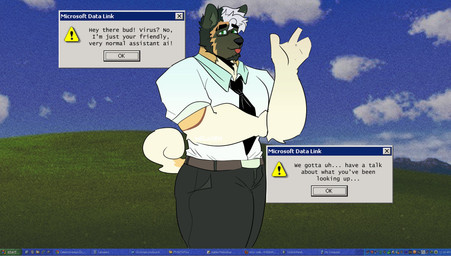 anthro beard belt black_necktie blep blue_sky bottomwear brown_beard brown_belt brown_body brown_ears brown_facial_hair brown_fur clothed clothed_anthro clothed_male clothing cloud computer_virus_(program) countershading denim denim_bottomwear denim_clothing eyewear facial_hair fully_clothed fully_clothed_anthro fully_clothed_male fur glasses grass green_eyes greeting grey_bottomwear grey_clothing grey_jeans grey_pants hair jeans male male_anthro necktie orange_body orange_fur orange_tail pants pink_hair plant red_tongue shirt sky smile solo standing tail tan_body tan_countershading tan_fur tan_tail text tongue tongue_out topwear user_interface webcore white_clothing white_shirt white_topwear melaisen microsoft microsoft_windows windows_xp bau_(melaisen) akita american_akita canid canine canis domestic_dog mammal spitz 2022 absurd_res digital_media_(artwork) english_text hi_res portrait three-quarter_portrait