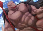 abs anthro balls black_sclera bodily_fluids cape clothing genitals male melee_weapon muscular muscular_anthro muscular_male nipples pecs penis polearm solo spear sweat vein veiny_penis weapon bon_donuts tower_of_god rak_wraithraiser lizard reptile scalie wraithraiser hi_res