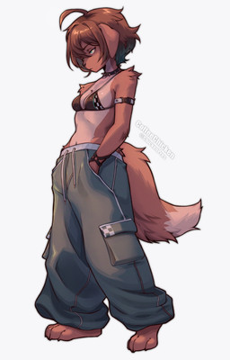 4_toes anthro barefoot biped bottomwear bra breasts brown_body brown_fur brown_hair brown_tail claws clothed clothed_anthro clothed_female clothing feet female front_view fur green_eyes hair midriff navel pants paws plantigrade simple_background solo standing tail toe_claws toes underwear coffeechicken kess_(coffeechicken) canid canine canis domestic_dog mammal 2025 digital_drawing_(artwork) digital_media_(artwork) hi_res