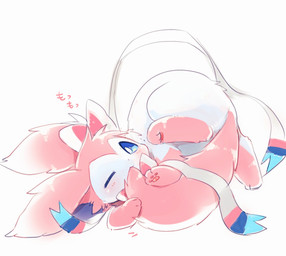 3_toes ambiguous_feral ambiguous_gender big_ears blue_eyes blush blush_lines ear_bow feet feral fluffy fluffy_ears fluffy_tail fur hindpaw kemono leg_markings looking_at_viewer lying markings monotone_tail multicolored_body multicolored_fur no_sclera nom nom_(sound_effect) on_side one_eye_closed pawpads paws pink_body pink_ears pink_fur pink_pawpads pink_tail pupils quadruped ribbons simple_background socks_(marking) solo tail tail_in_mouth tail_nom text toes two_tone_body two_tone_fur white_background white_body white_fur white_pupils suppainu nintendo pokemon eeveelution generation_6_pokemon mammal pokemon_(species) sylveon 2018 colored digital_media_(artwork) full-length_portrait japanese_text portrait shaded