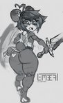 2019 anthro bear biped butt female giant_panda grey_background hair heart_(marking) holding_melee_weapon holding_object holding_sword holding_weapon kenny_(kenashcorp) looking_back mammal markings melee_weapon monochrome on_one_leg open_mouth short_hair simple_background sketch solo standing sword weapon zer0ember