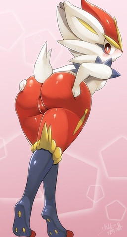 anthro big_butt blush breasts butt butt_grab curvy_figure female fur hand_on_butt nude solo thick_thighs voluptuous white_body white_fur wide_hips shaolin_bones nintendo pokemon cinderace generation_8_pokemon lagomorph leporid mammal pokemon_(species)